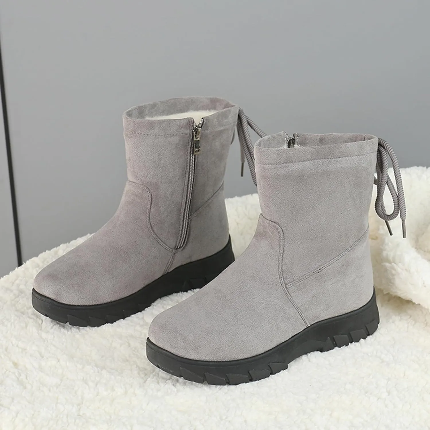 Womens Winter Snow Boots Cute Round Toe Warm Fur Lined Snow Booties Zip Up Waterproof Flock Comfy Winter Booties