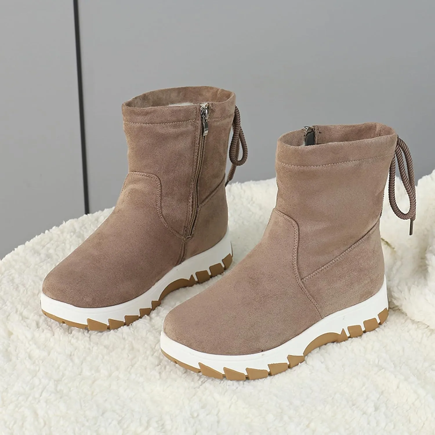 Womens Winter Snow Boots Cute Round Toe Warm Fur Lined Snow Booties Zip Up Waterproof Flock Comfy Winter Booties