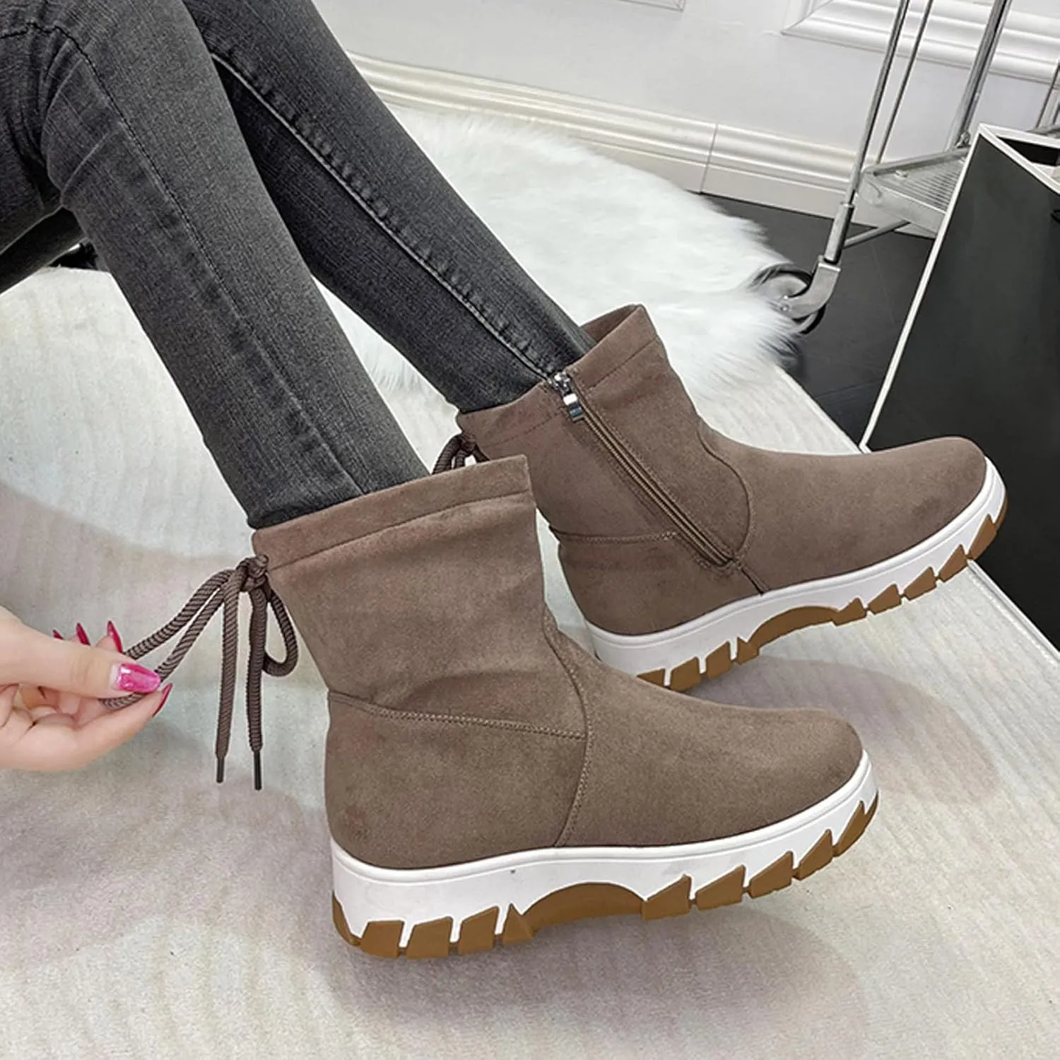 Womens Winter Snow Boots Cute Round Toe Warm Fur Lined Snow Booties Zip Up Waterproof Flock Comfy Winter Booties