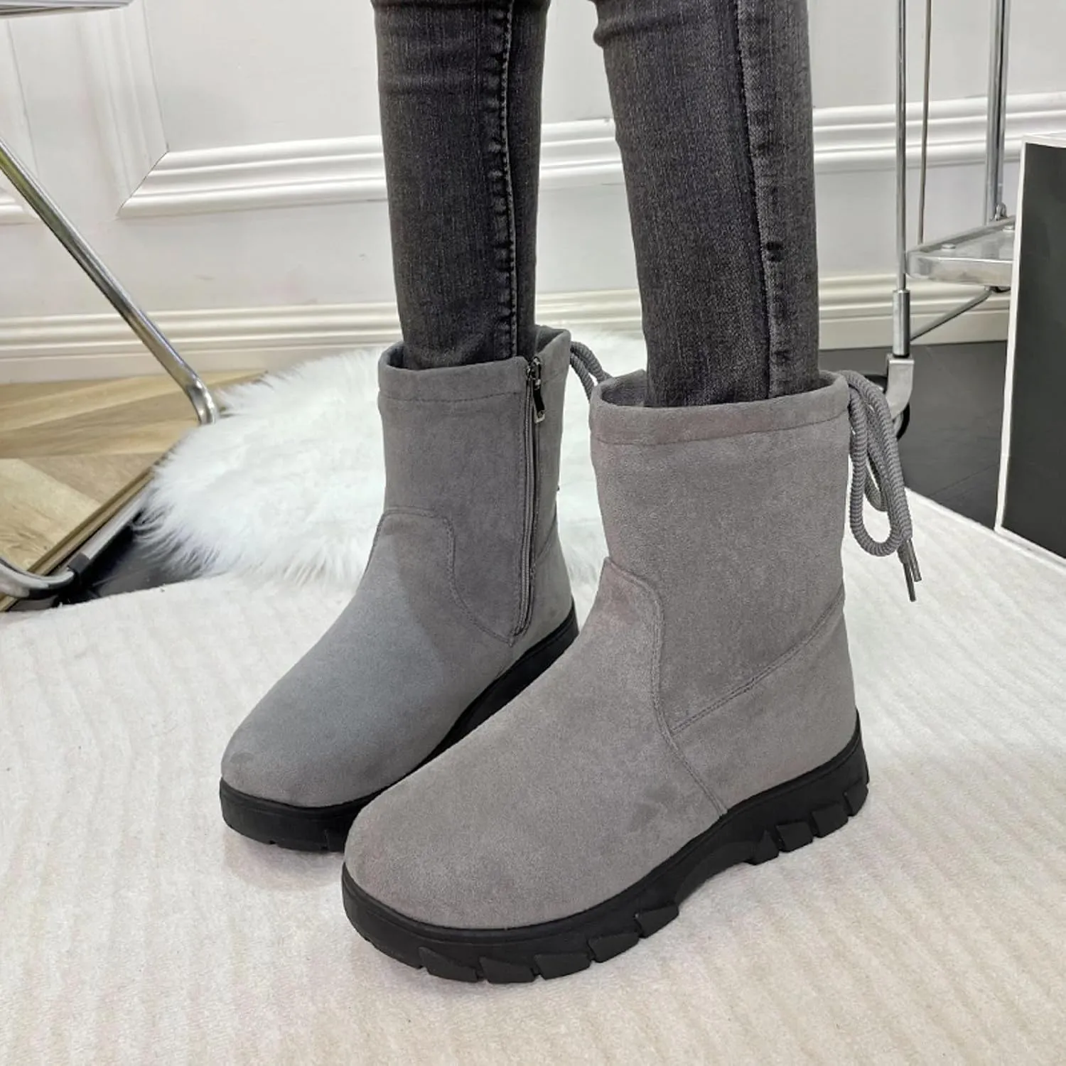 Womens Winter Snow Boots Cute Round Toe Warm Fur Lined Snow Booties Zip Up Waterproof Flock Comfy Winter Booties