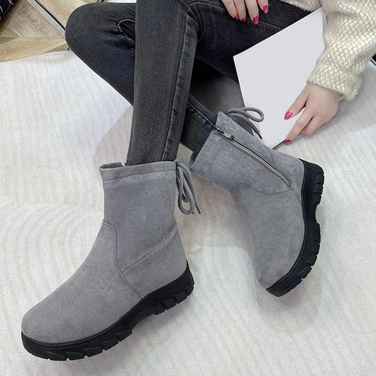 Womens Winter Snow Boots Cute Round Toe Warm Fur Lined Snow Booties Zip Up Waterproof Flock Comfy Winter Booties