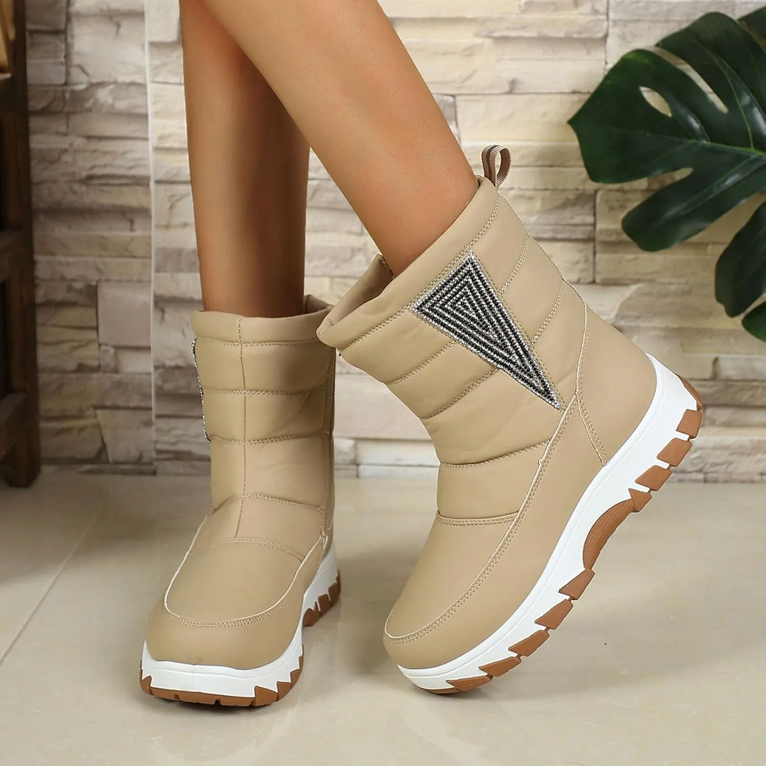 Womens Winter Snow Boots Fur Lined Warm Winter Boots Mid Calf Waterproof Snow Boots Walking Boots
