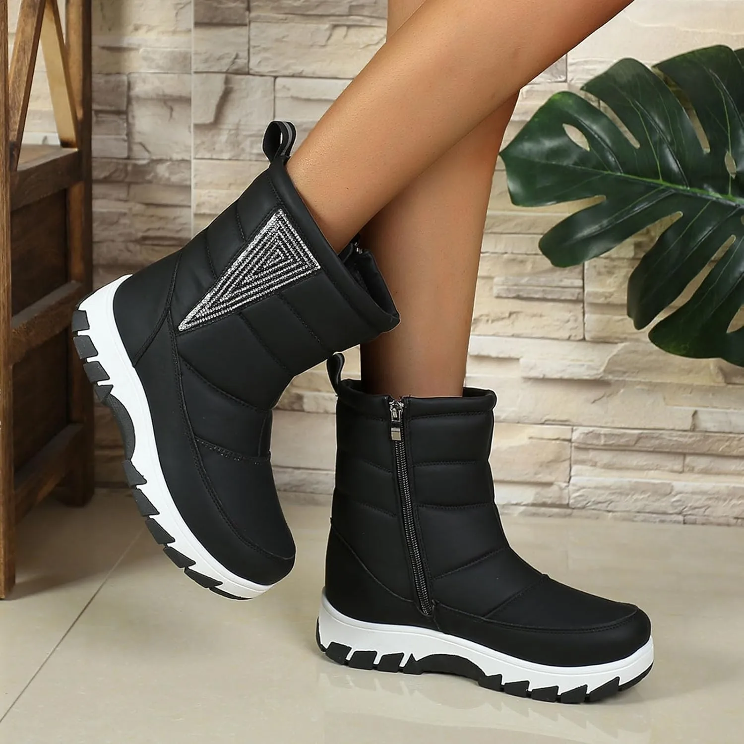 Womens Winter Snow Boots Fur Lined Warm Winter Boots Mid Calf Waterproof Snow Boots Walking Boots