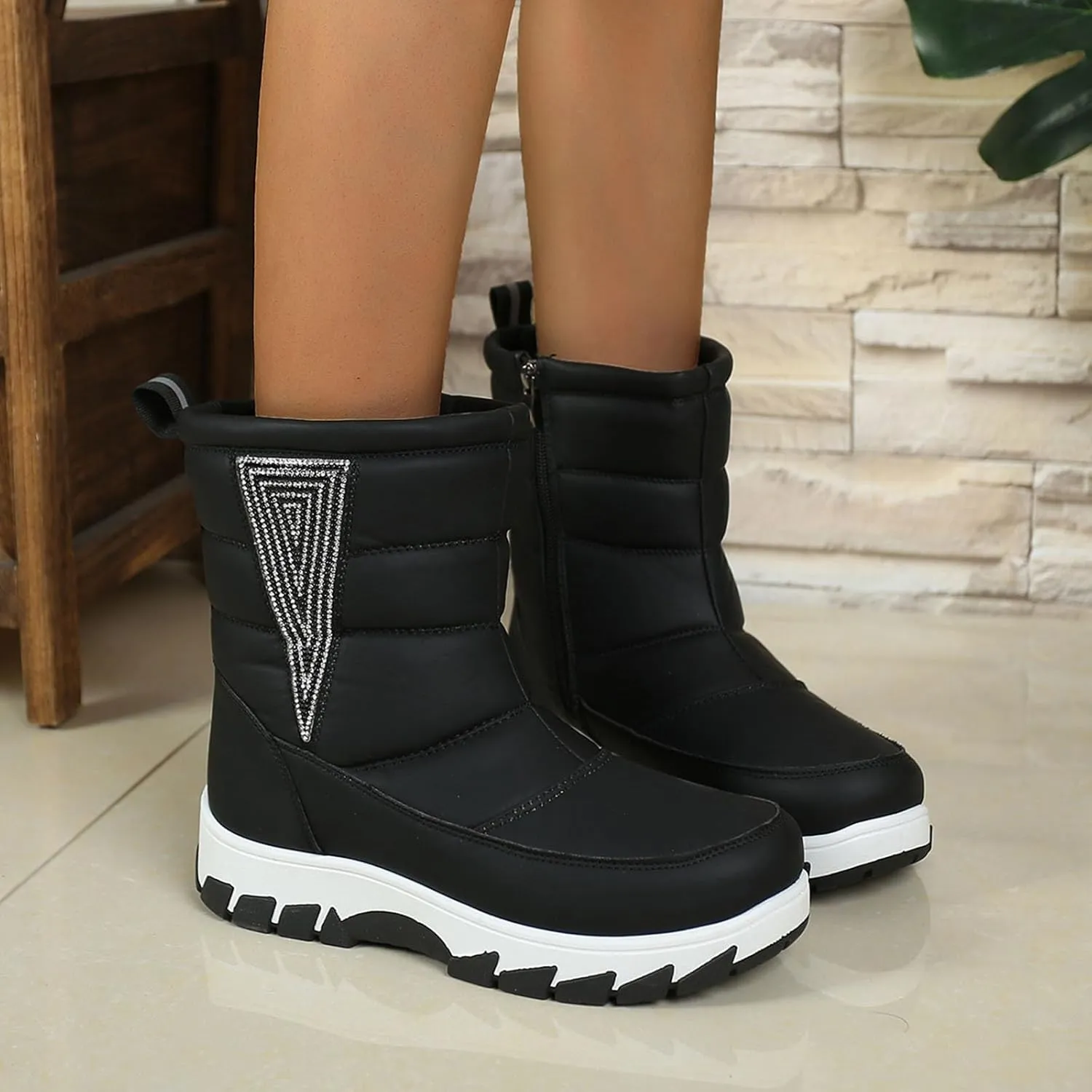 Womens Winter Snow Boots Fur Lined Warm Winter Boots Mid Calf Waterproof Snow Boots Walking Boots