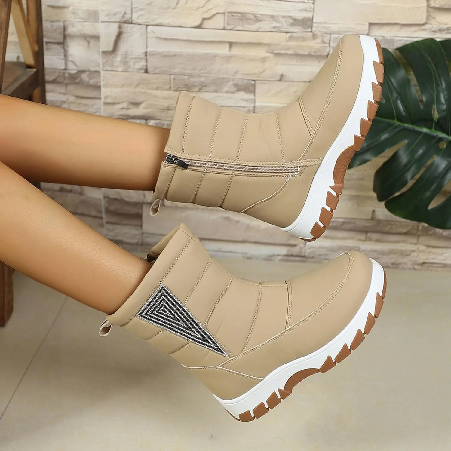 Womens Winter Snow Boots Fur Lined Warm Winter Boots Mid Calf Waterproof Snow Boots Walking Boots