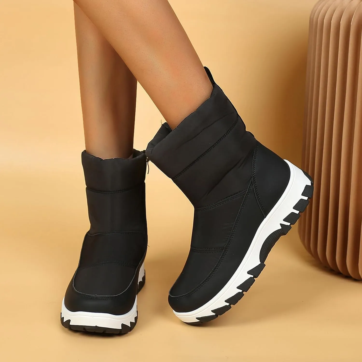 Womens Winter Snow Boots Fur Lined Warm Winter Boots Mid Calf Waterproof Snow Boots Walking Boots