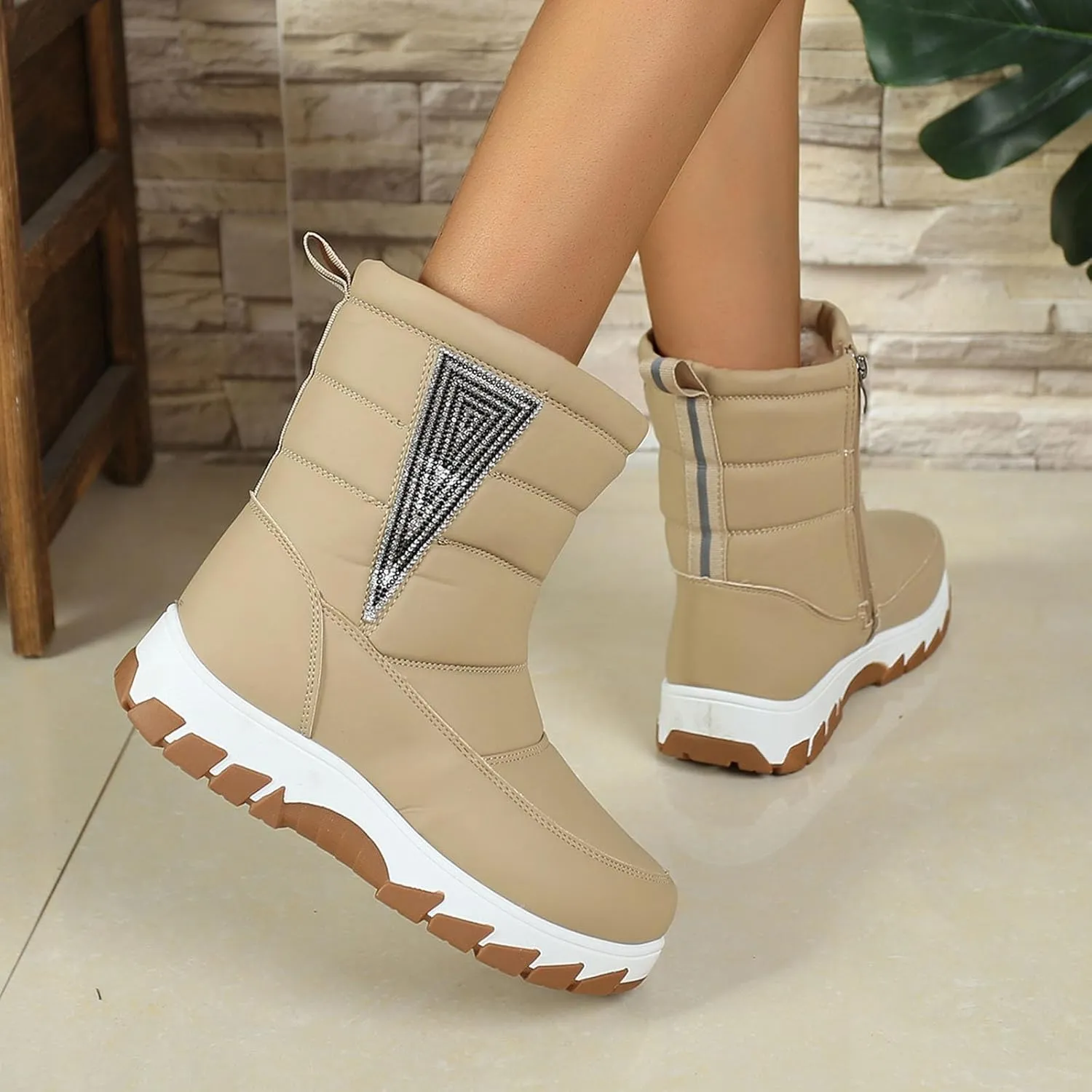 Womens Winter Snow Boots Fur Lined Warm Winter Boots Mid Calf Waterproof Snow Boots Walking Boots