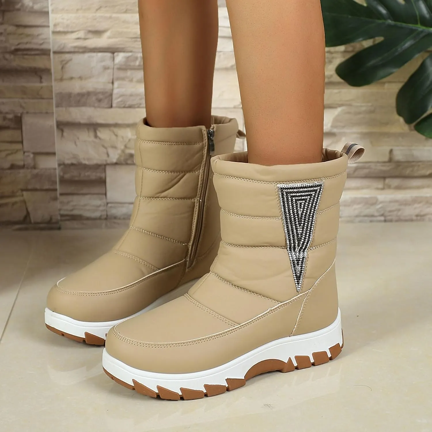 Womens Winter Snow Boots Fur Lined Warm Winter Boots Mid Calf Waterproof Snow Boots Walking Boots