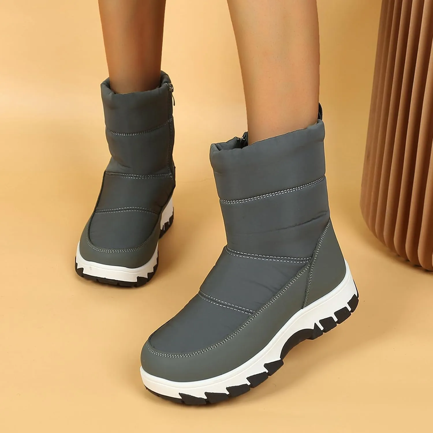Womens Winter Snow Boots Fur Lined Warm Winter Boots Mid Calf Waterproof Snow Boots Walking Boots
