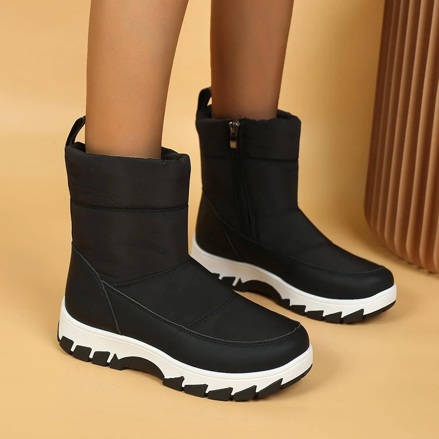 Womens Winter Snow Boots Fur Lined Warm Winter Boots Mid Calf Waterproof Snow Boots Walking Boots