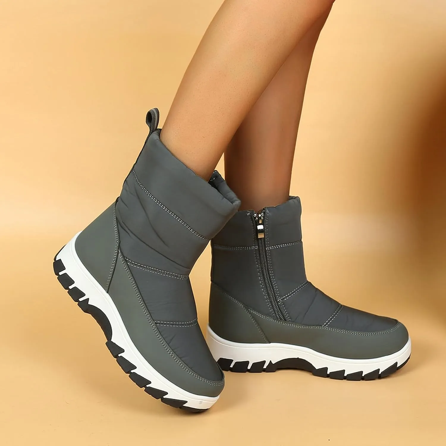 Womens Winter Snow Boots Fur Lined Warm Winter Boots Mid Calf Waterproof Snow Boots Walking Boots