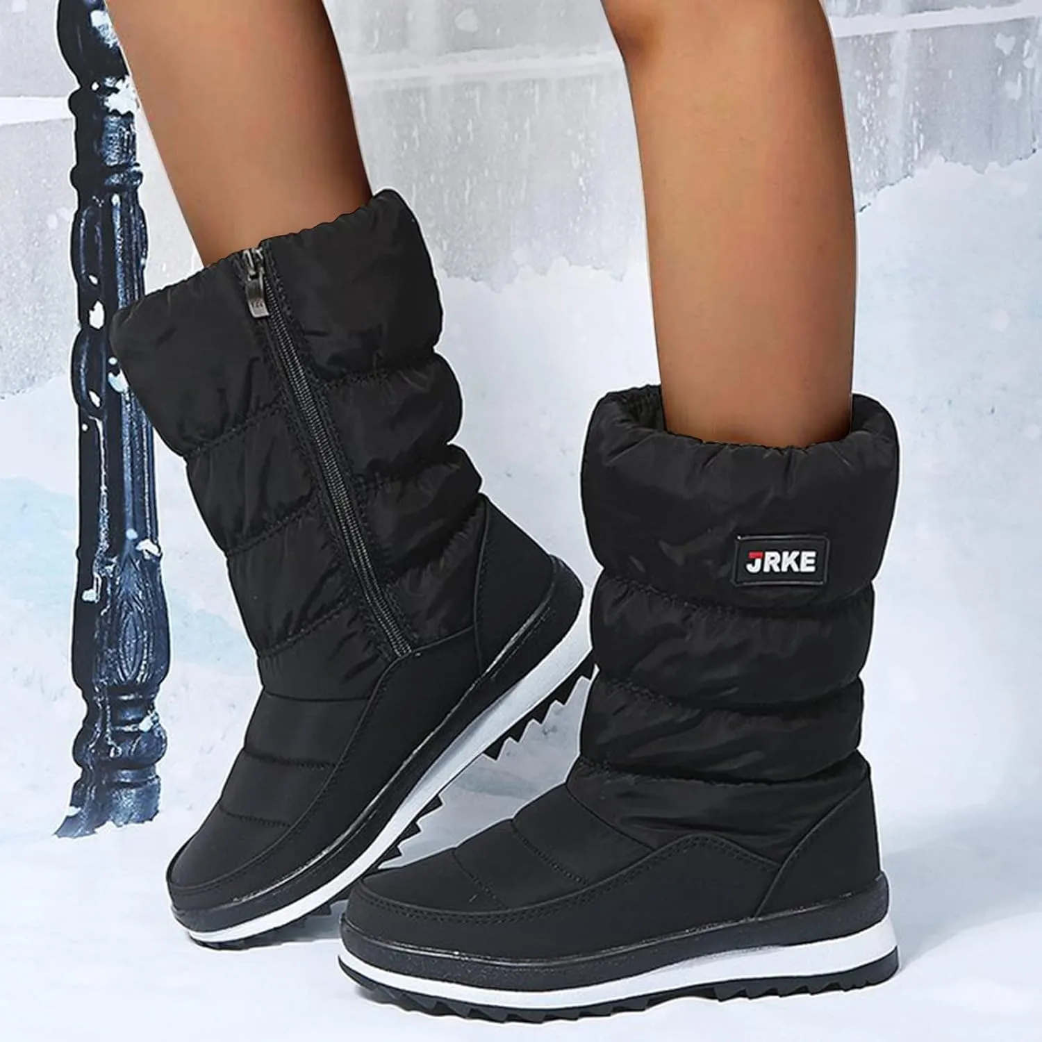 Womens Winter Snow Boots Puffy Winter Snow Waterproof Ankle Booties Anti Slip Mid Calf Snow Booties with Side Zip