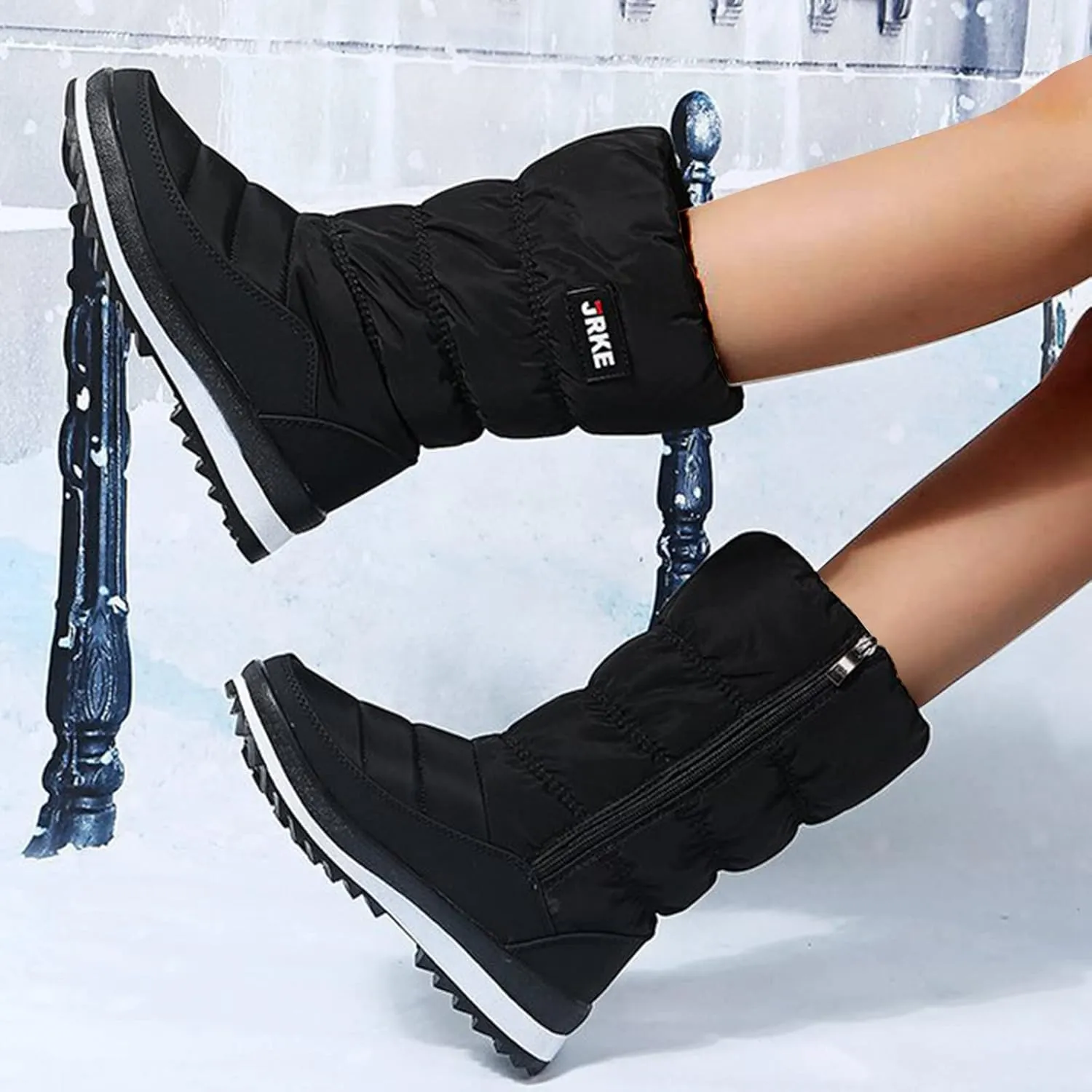 Womens Winter Snow Boots Puffy Winter Snow Waterproof Ankle Booties Anti Slip Mid Calf Snow Booties with Side Zip