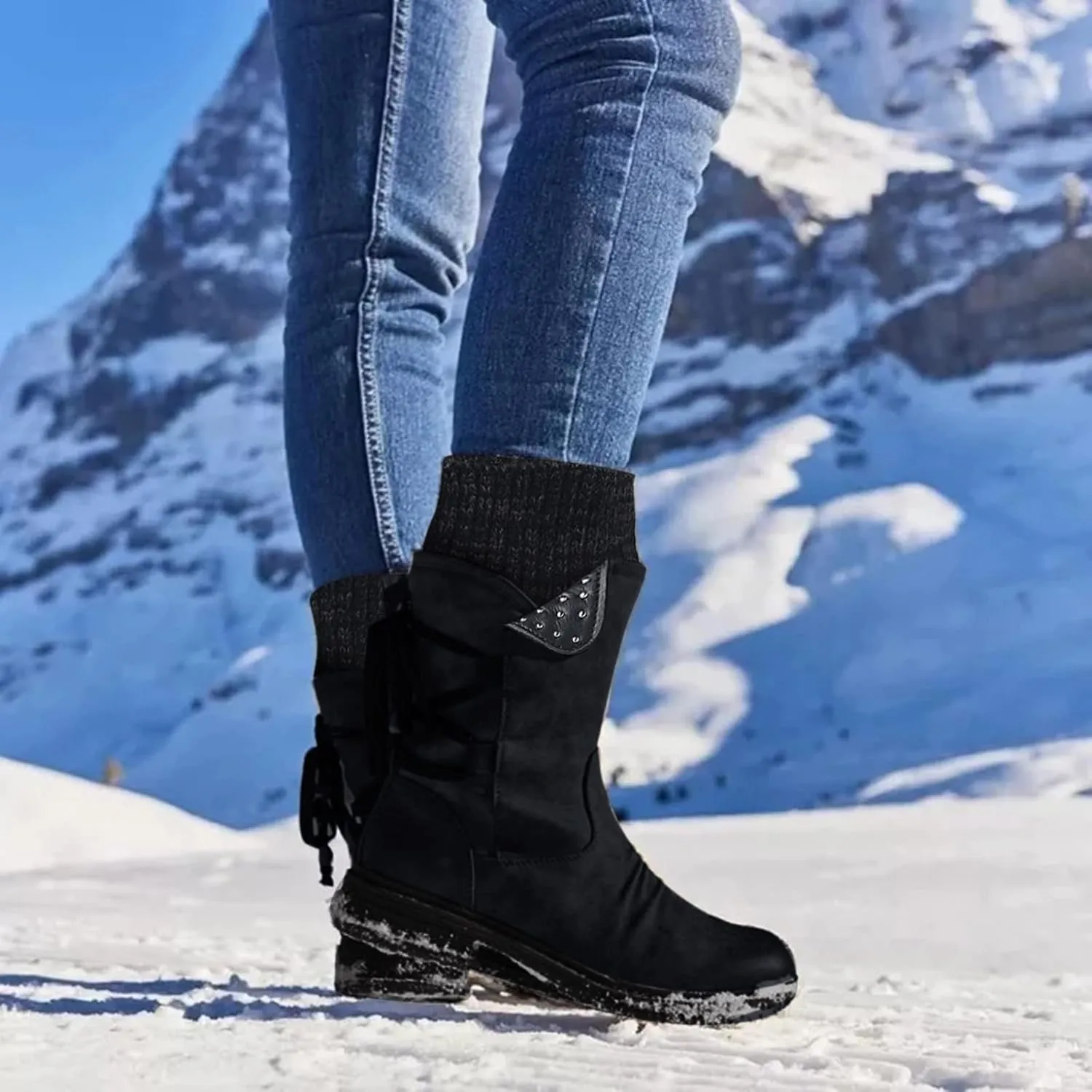 Womens Winter Snow Boots Snow Side Zip Ankle Booties Combat Riding Booties Biker Boots Mid Calf Boots For Women