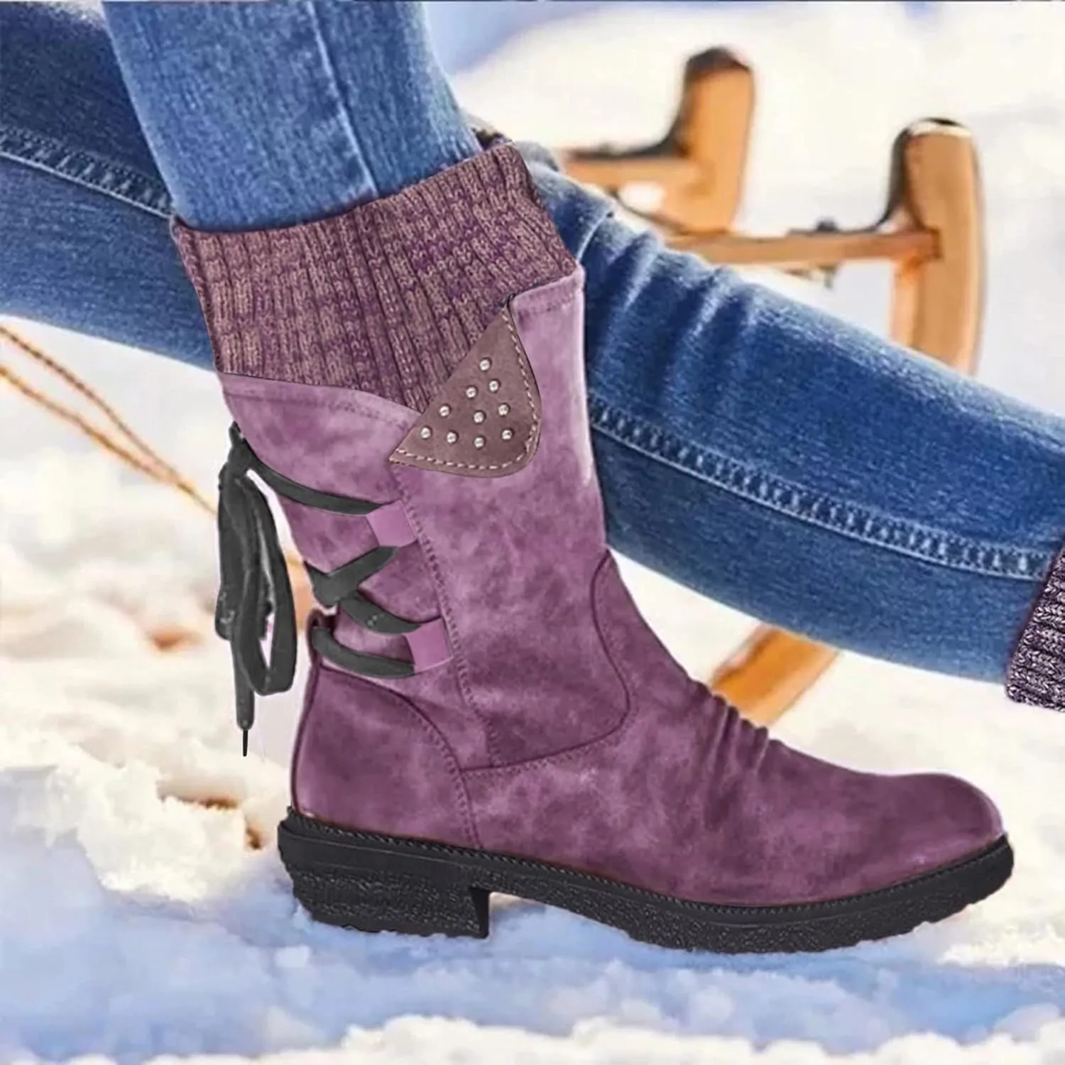 Womens Winter Snow Boots Snow Side Zip Ankle Booties Combat Riding Booties Biker Boots Mid Calf Boots For Women