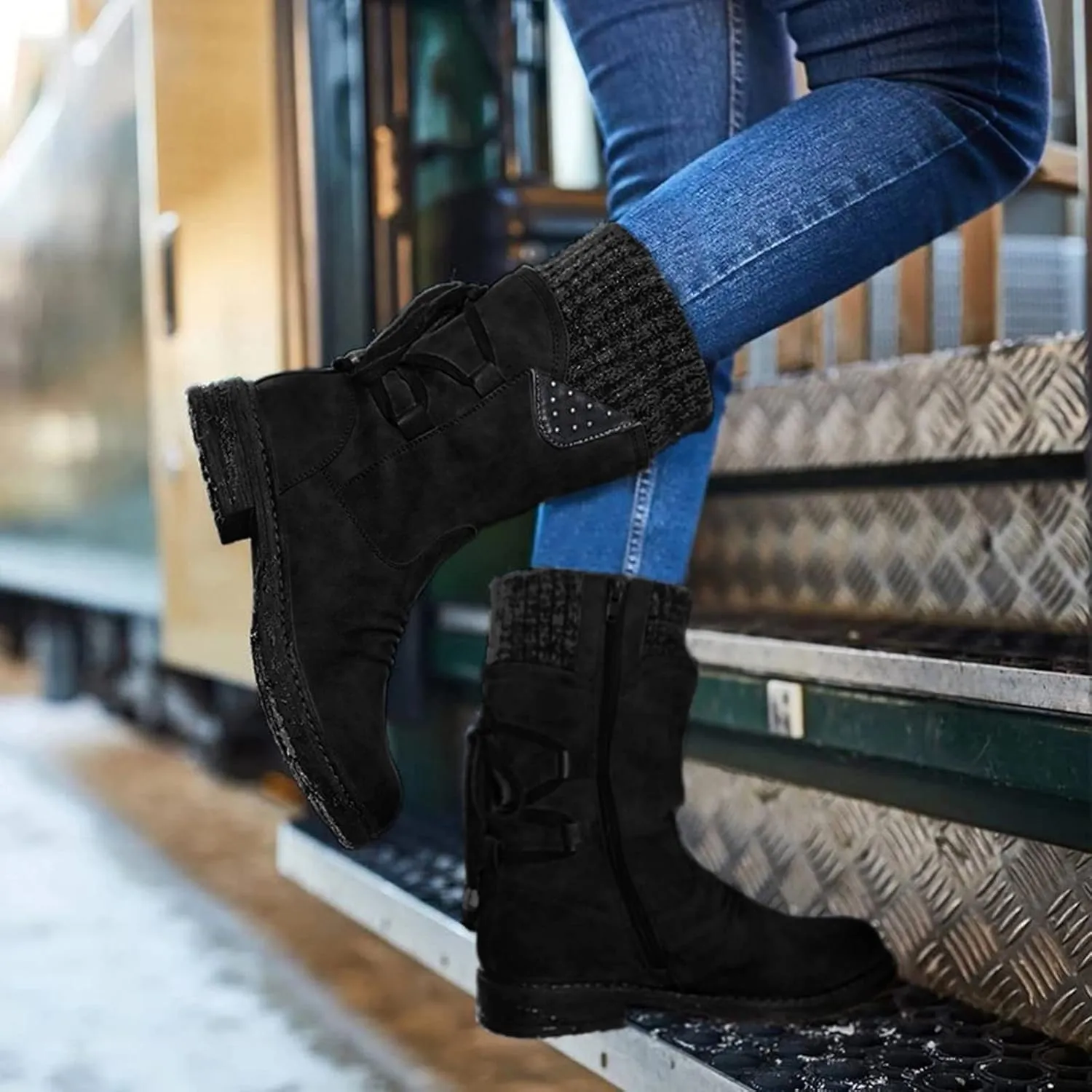 Womens Winter Snow Boots Snow Side Zip Ankle Booties Combat Riding Booties Biker Boots Mid Calf Boots For Women
