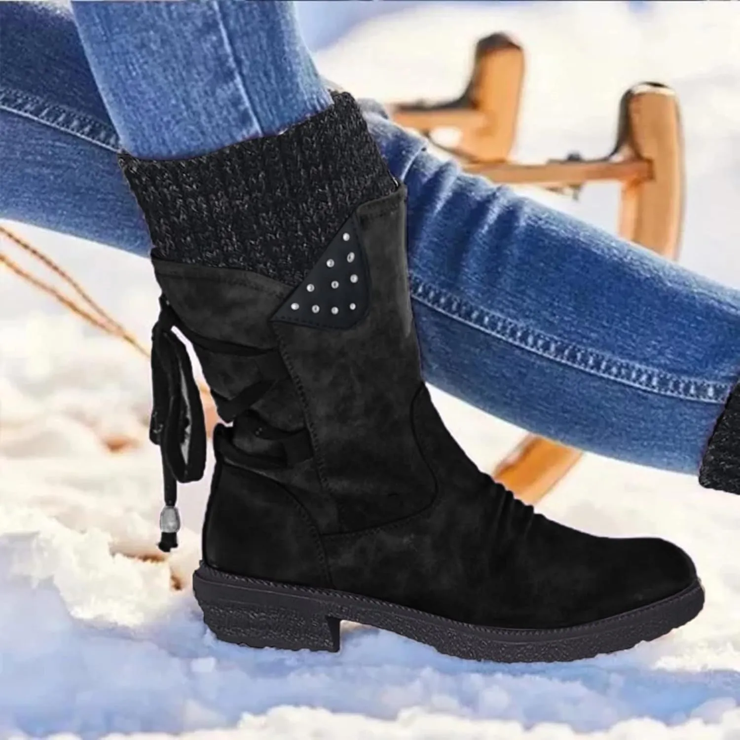 Womens Winter Snow Boots Snow Side Zip Ankle Booties Combat Riding Booties Biker Boots Mid Calf Boots For Women