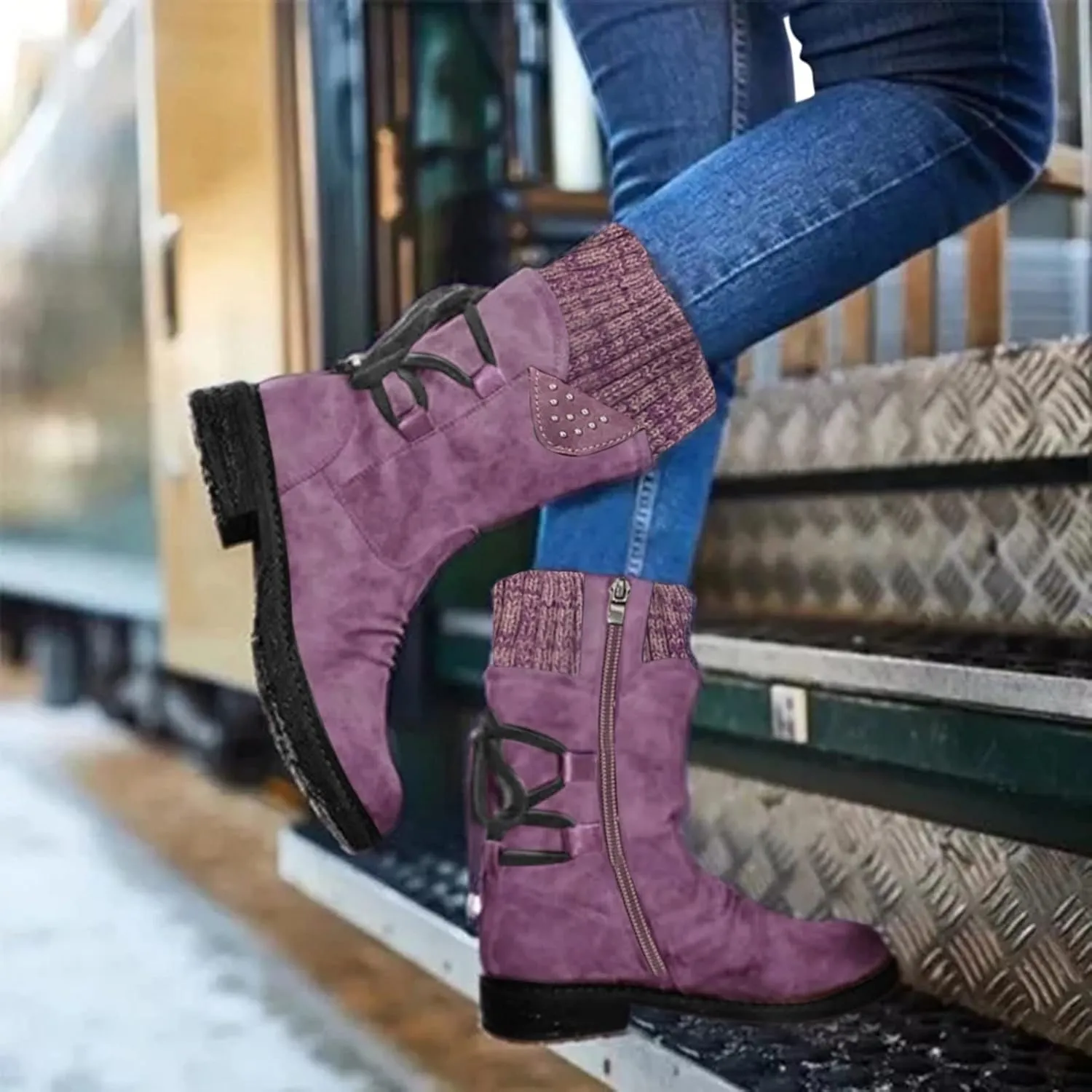Womens Winter Snow Boots Snow Side Zip Ankle Booties Combat Riding Booties Biker Boots Mid Calf Boots For Women