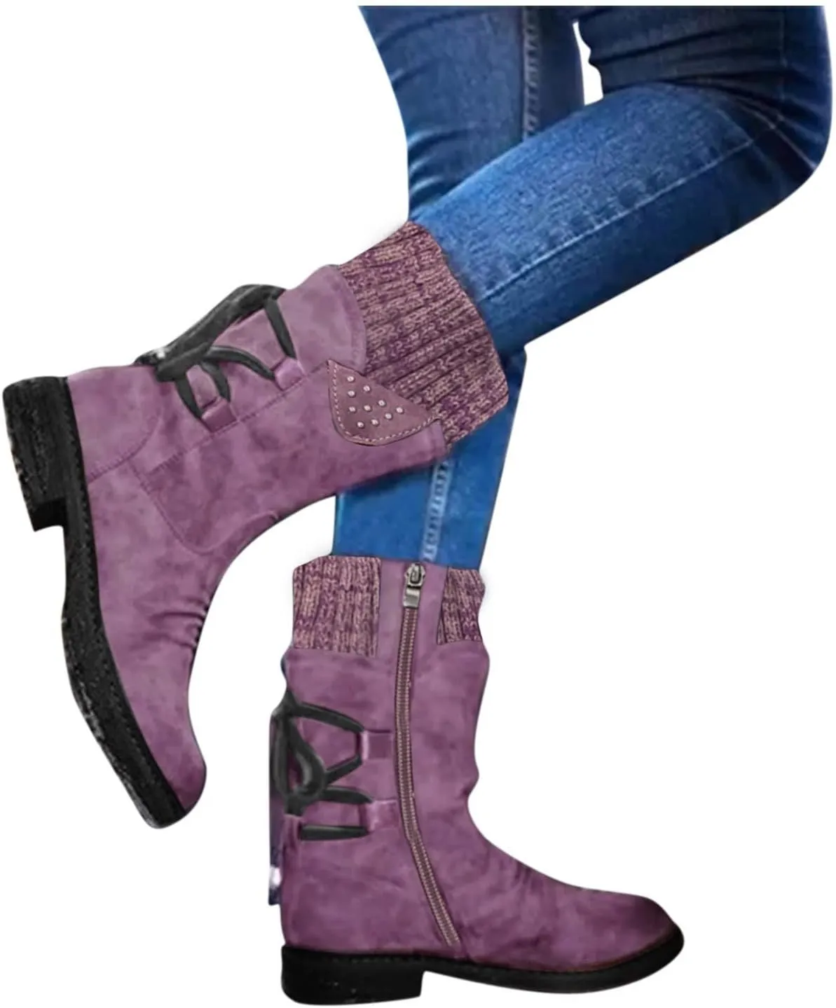 Womens Winter Snow Boots Snow Side Zip Ankle Booties Combat Riding Booties Biker Boots Mid Calf Boots For Women
