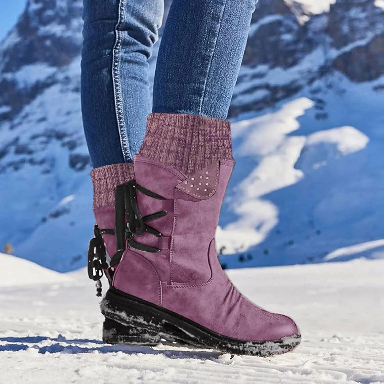 Womens Winter Snow Boots Snow Side Zip Ankle Booties Combat Riding Booties Biker Boots Mid Calf Boots For Women