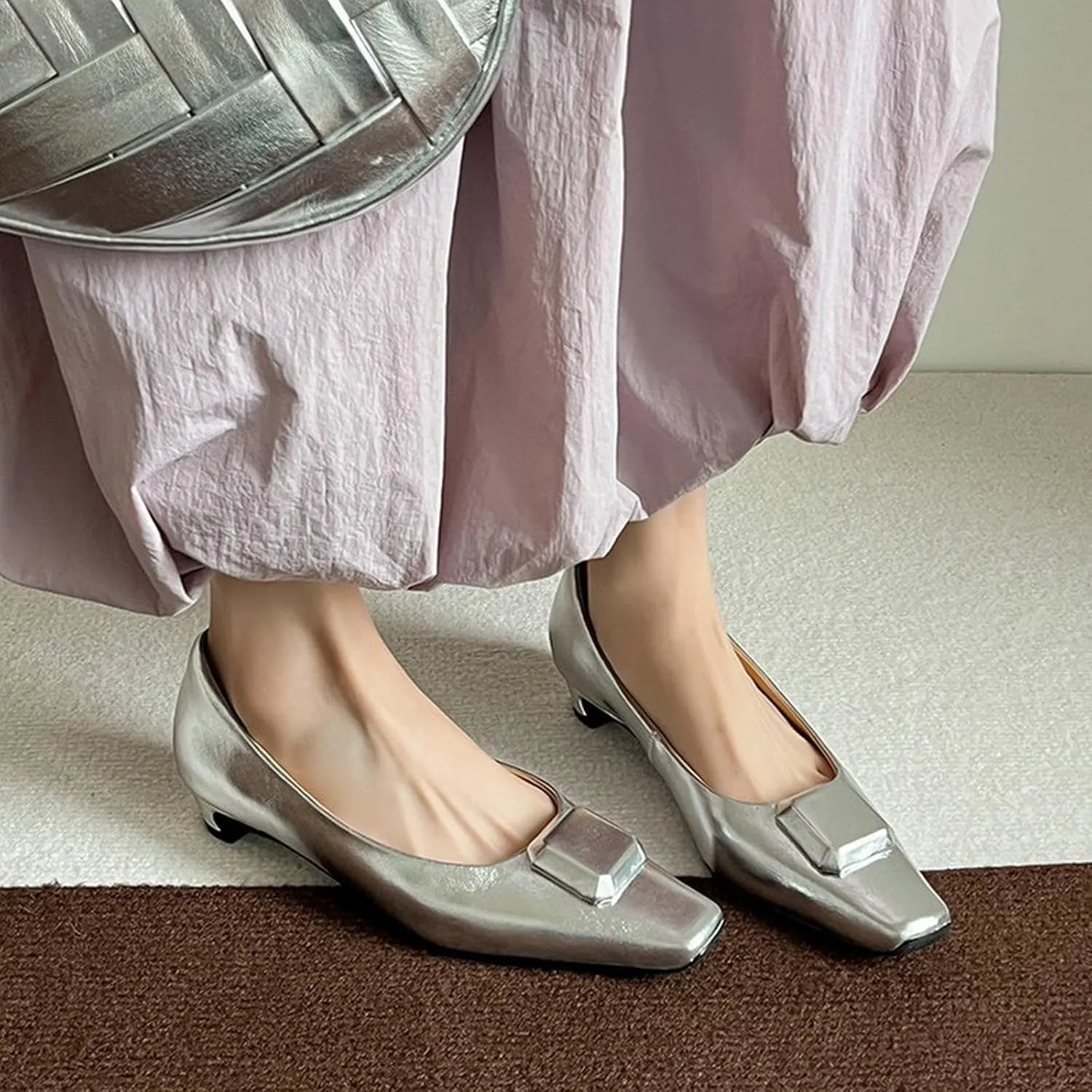 XIEDA Women's Genuine Leather Low Heel Square Toe Comfortable Work Pumps Dress Shoes