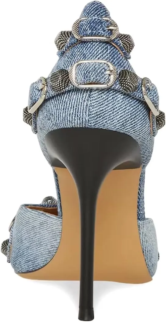 XYD Women D'Orsay Pumps Stiletto High Heels Slip On Closed Pointed Toe Textured Studs Buckles Ultra Fashion Night Club Event Party Shoes