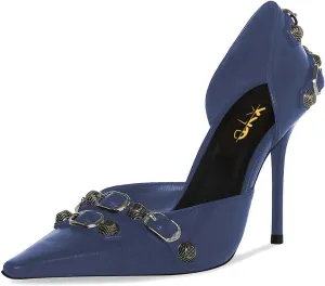 XYD Women D'Orsay Pumps Stiletto High Heels Slip On Closed Pointed Toe Textured Studs Buckles Ultra Fashion Night Club Event Party Shoes