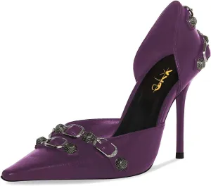 XYD Women D'Orsay Pumps Stiletto High Heels Slip On Closed Pointed Toe Textured Studs Buckles Ultra Fashion Night Club Event Party Shoes
