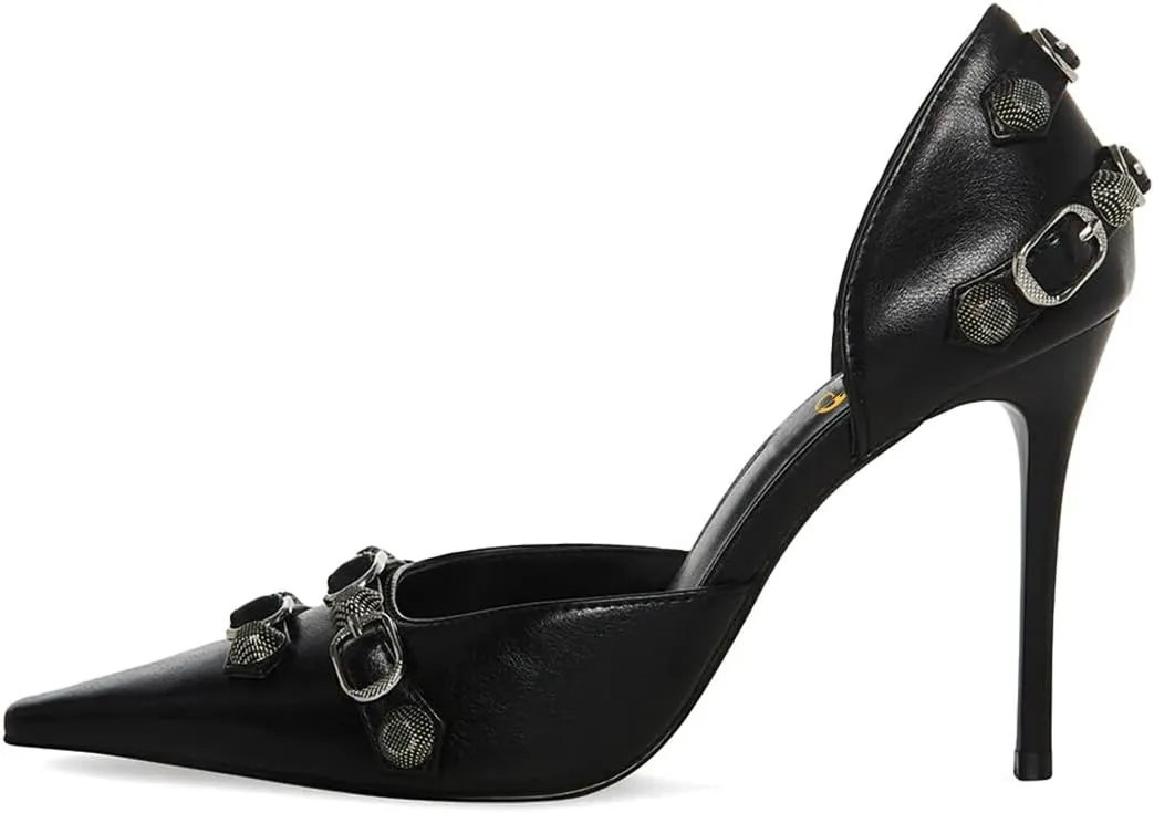 XYD Women D'Orsay Pumps Stiletto High Heels Slip On Closed Pointed Toe Textured Studs Buckles Ultra Fashion Night Club Event Party Shoes
