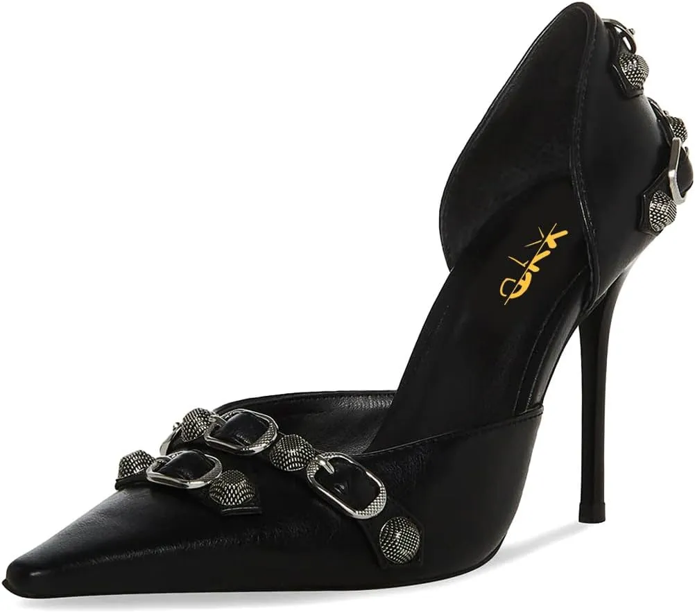 XYD Women D'Orsay Pumps Stiletto High Heels Slip On Closed Pointed Toe Textured Studs Buckles Ultra Fashion Night Club Event Party Shoes
