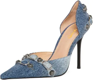 XYD Women D'Orsay Pumps Stiletto High Heels Slip On Closed Pointed Toe Textured Studs Buckles Ultra Fashion Night Club Event Party Shoes