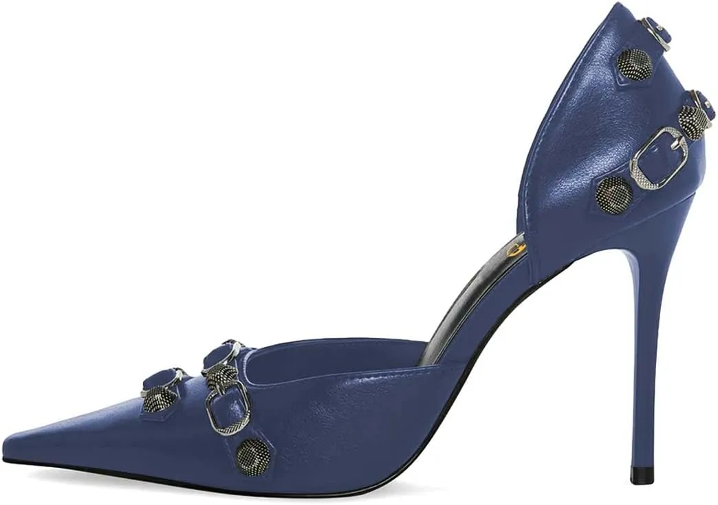 XYD Women D'Orsay Pumps Stiletto High Heels Slip On Closed Pointed Toe Textured Studs Buckles Ultra Fashion Night Club Event Party Shoes