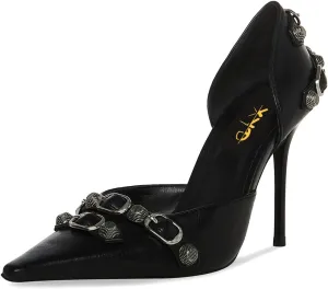 XYD Women D'Orsay Pumps Stiletto High Heels Slip On Closed Pointed Toe Textured Studs Buckles Ultra Fashion Night Club Event Party Shoes