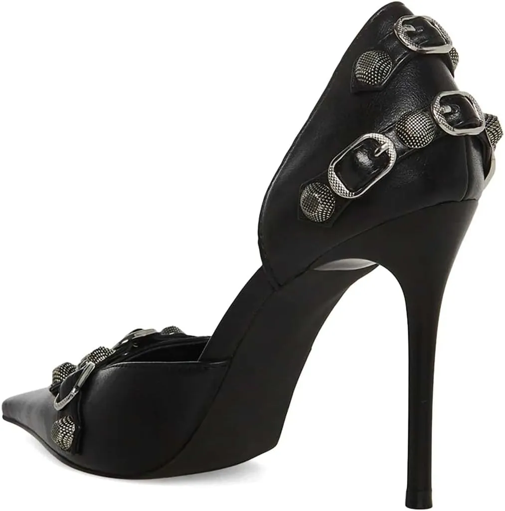 XYD Women D'Orsay Pumps Stiletto High Heels Slip On Closed Pointed Toe Textured Studs Buckles Ultra Fashion Night Club Event Party Shoes