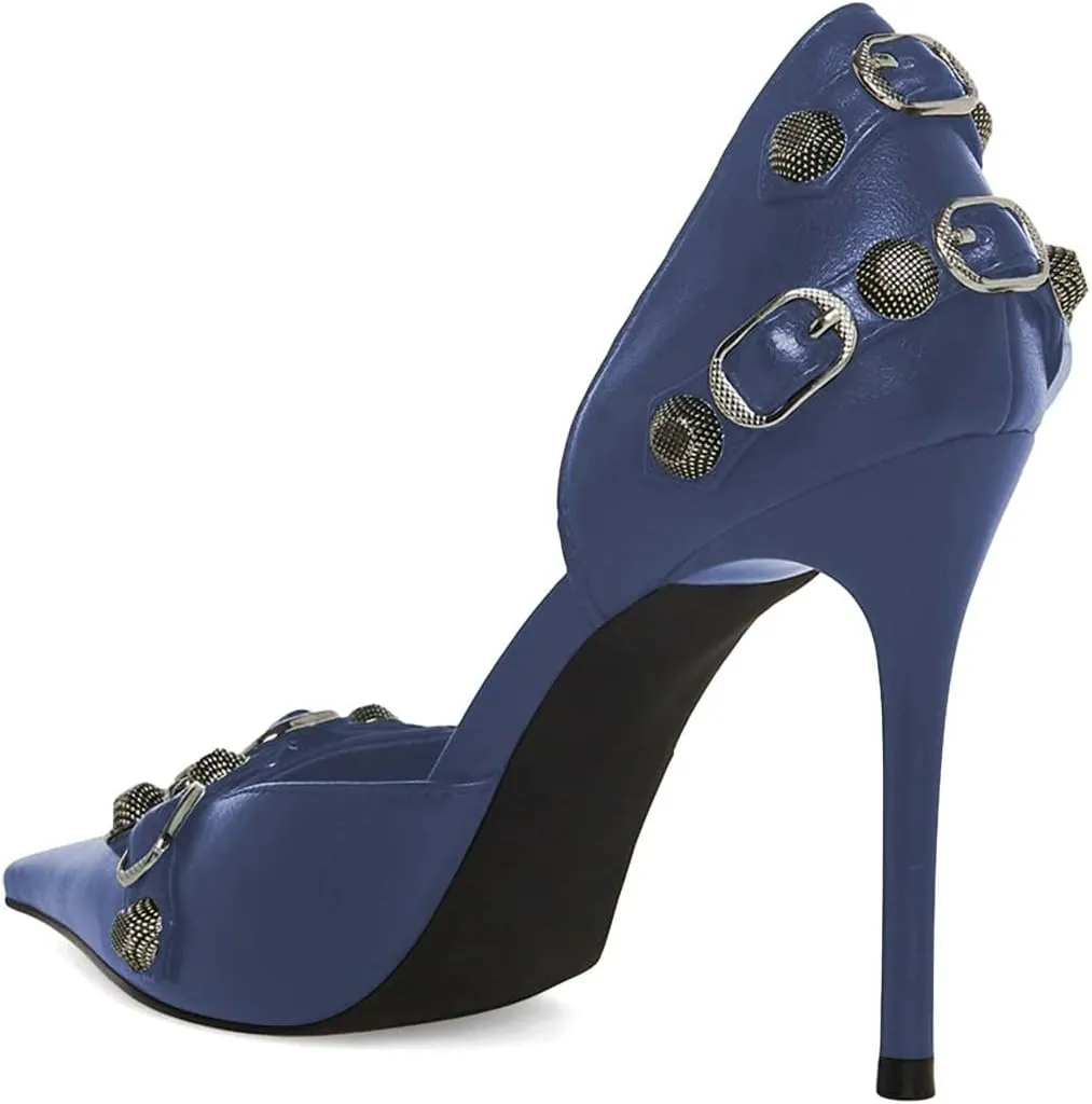 XYD Women D'Orsay Pumps Stiletto High Heels Slip On Closed Pointed Toe Textured Studs Buckles Ultra Fashion Night Club Event Party Shoes