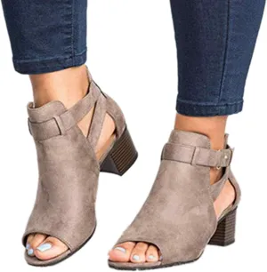 ZBYY Women's Suede Peep Toe Ankle Booties Cut Out Stacked Block Heel Ankle Boots Western Chelsea Booties for Women